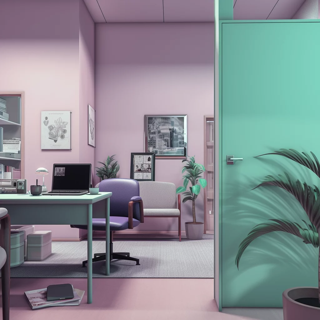Bureau aménagé dans une pièce aux tons mauves et verts